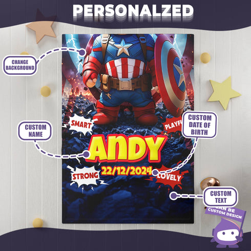 Personalized Baby Superhero Blanket – Captain America Style | Custom Name & Birthdate | 30"x40"